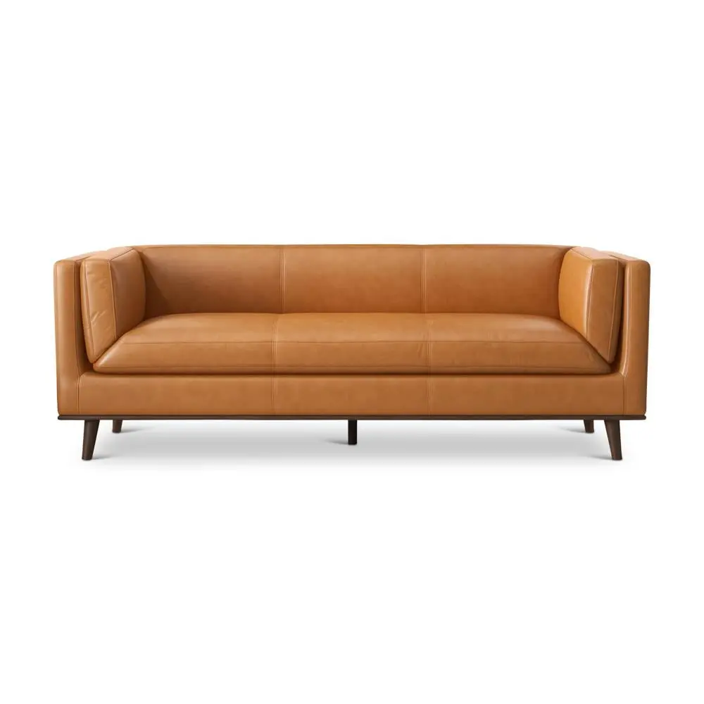 Udinese Mid-Century Modern Italian Top Grain Leather Tan Sofa Ashcroft