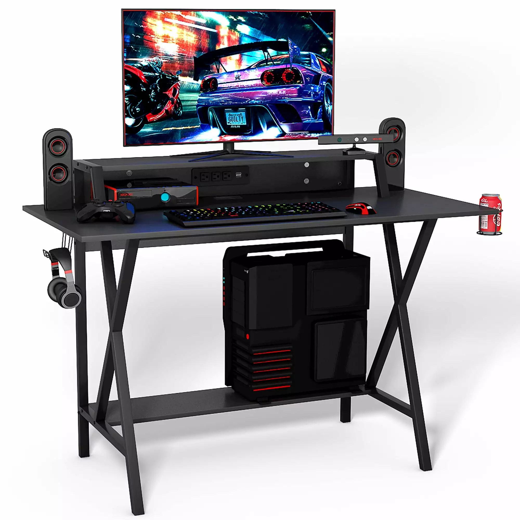 All--One Professional Gaming Desk Cup Headphone Holder Power Strip Costway