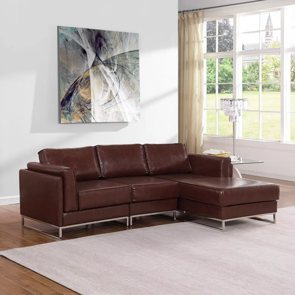 Farati Luxury PU Leather Sectional Sofa L Shape Chaise 3 Seater Modular Living Room Couch Chocolate Brown