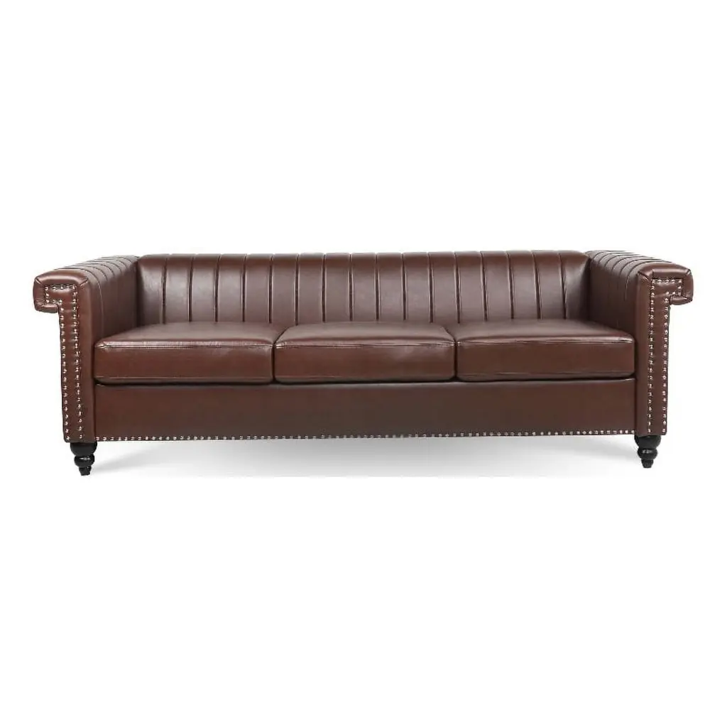 CRO Decor 83.5W Modern Square Arm PU Leather 3 Seater Sofa Dark Brown - Contemporary Living Room Couch