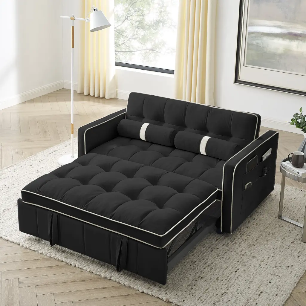 Modern 55.5 Pull Out Sleep Sofa Bed 2 Seater Loveseats Side Pockets Adjustable Backrest and Lumbar Pillows Apartment Offic...