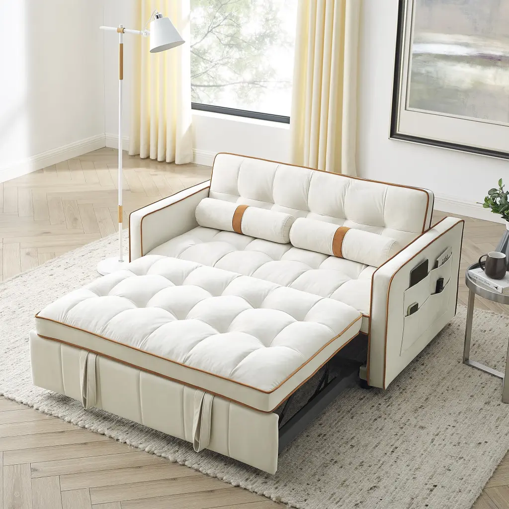 Modern 55.5 Pull Out Sleep Sofa Bed 2 Seater Loveseats Side Pockets Adjustable Backrest and Lumbar Pillows Apartment Offic...