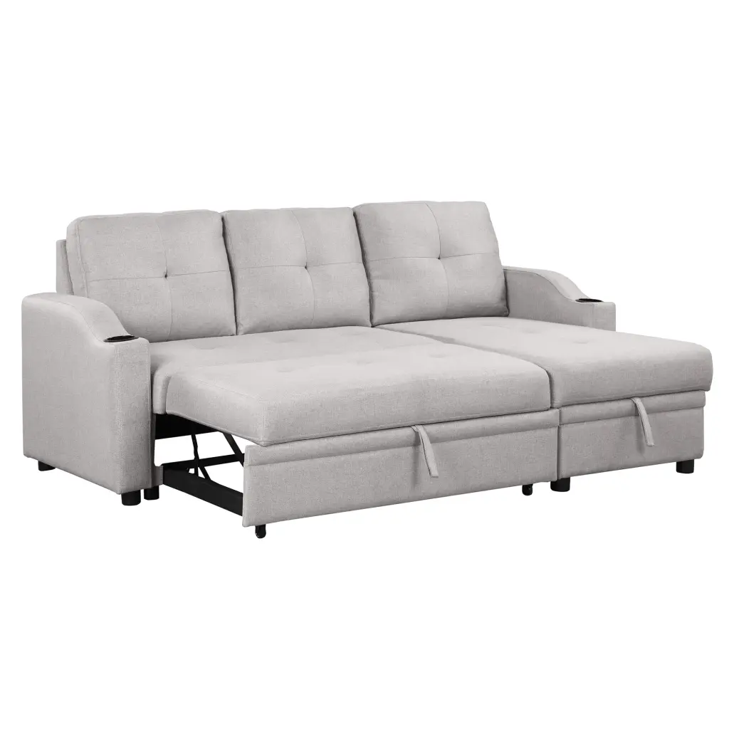 Pull Out Sofa Bed Modern Padded Upholstered Sofa Bed Linen Fabric 3 Seater Couch Storage Chaise and Cup Holder Small Couch...