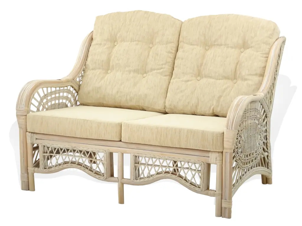 SK New Interiors Malibu Lounge Loveseat Sofa ECO Natural Rattan Wicker Handmade Cream Cushions White Wash