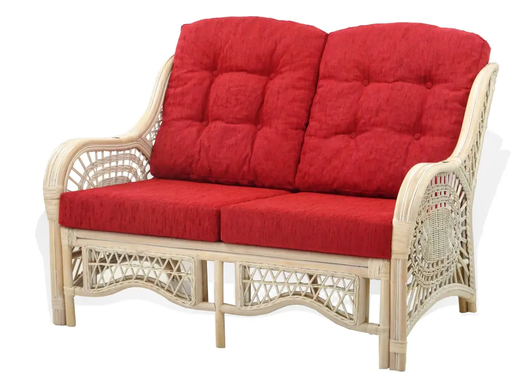 SK New Interiors Malibu Lounge Loveseat Sofa ECO Natural Rattan Wicker Handmade Burgundy Cushions White Wash