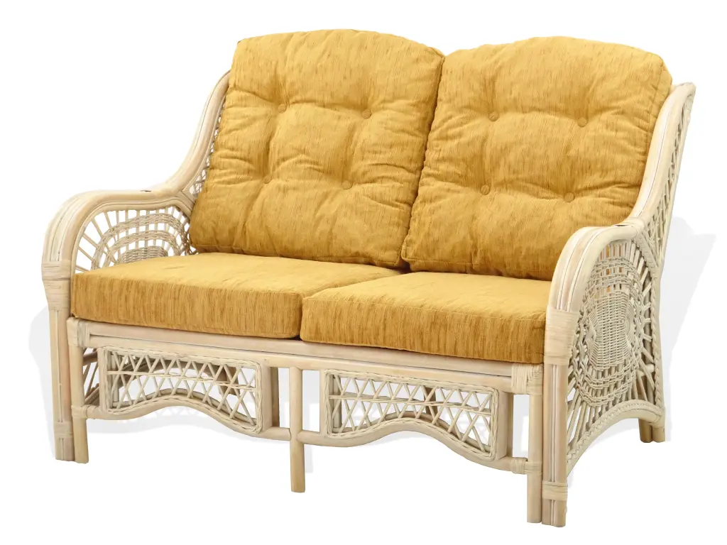 SK New Interiors Malibu Lounge Loveseat Sofa ECO Natural Rattan Wicker Handmade Light Brown Cushions White Wash Wickerix