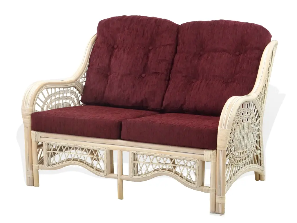 Wickerix Malibu Loveseat Lounge Sofa Natural Rattan Wicker Handmade Dark Brown Cushions White Wash Color