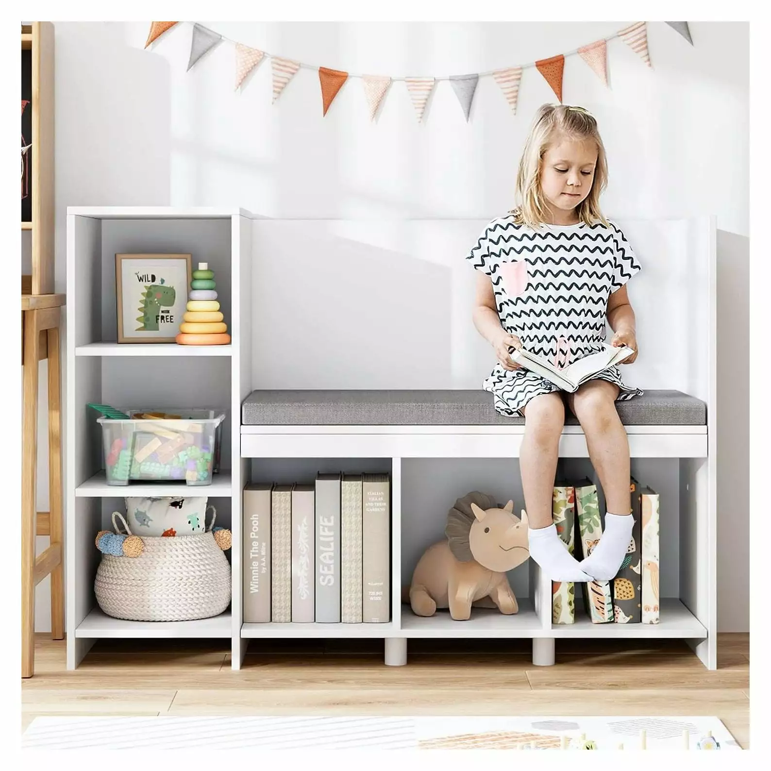 CodYinFI Kids Bookshelf Reading Nook 6-Cubby Bookcase Removable Seat Cushion White