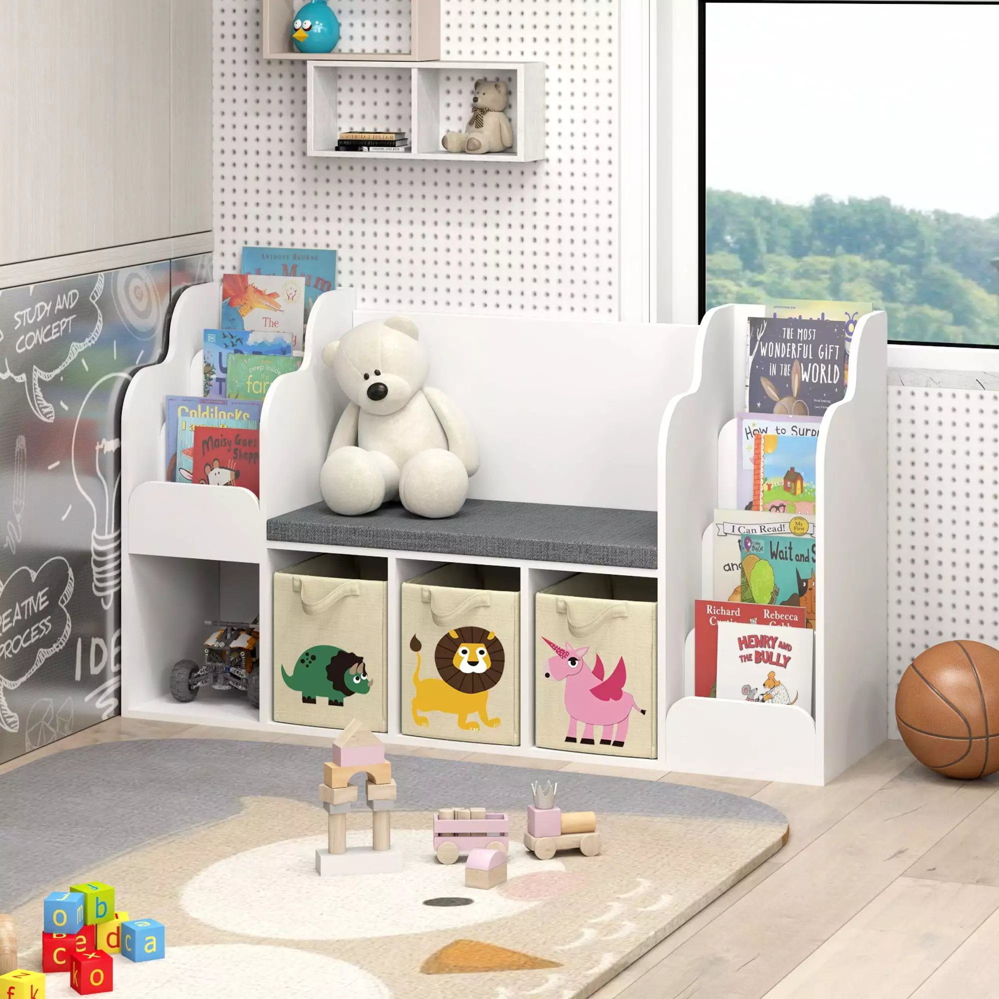 SULIVES Kids Bookshelf Reading Nook Abundant Storage Modern Design Durable Construction