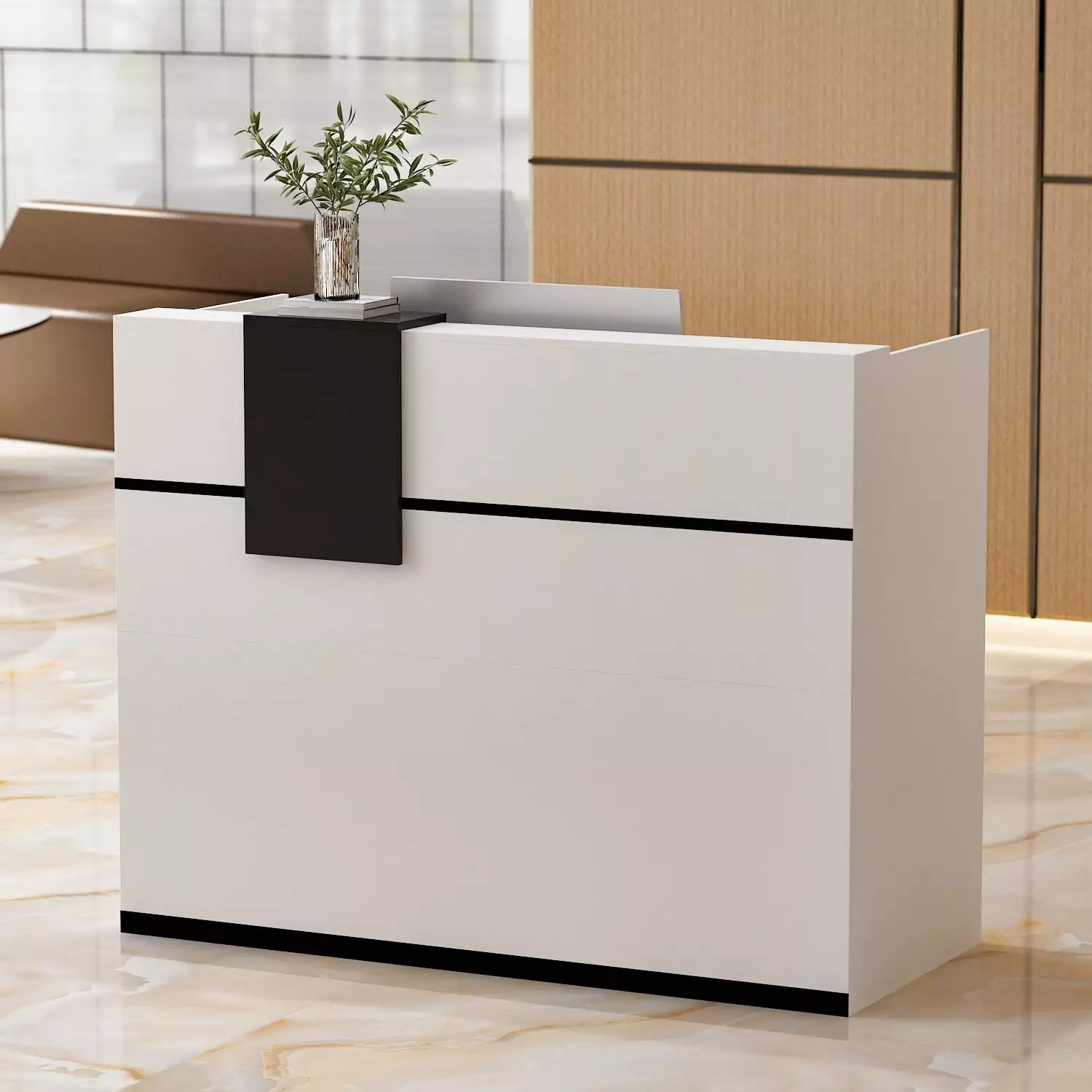 MONSLIPA Reception Desk Hutch Home Office Computer Writing Desk Locked Drawer and Cabinet White