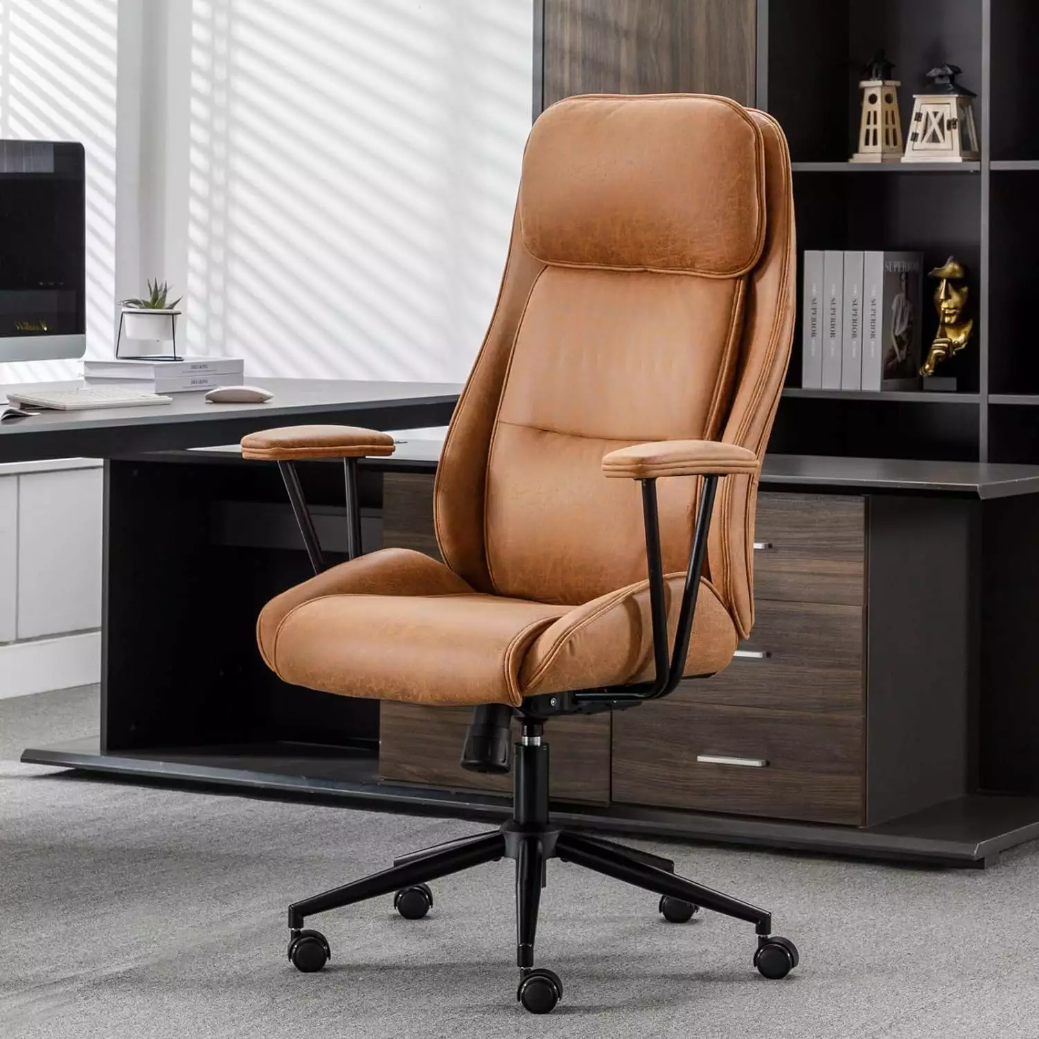 Mid Century Modern Executive Office Chair 55 Reclining High Back Desk Chair Brown FJU