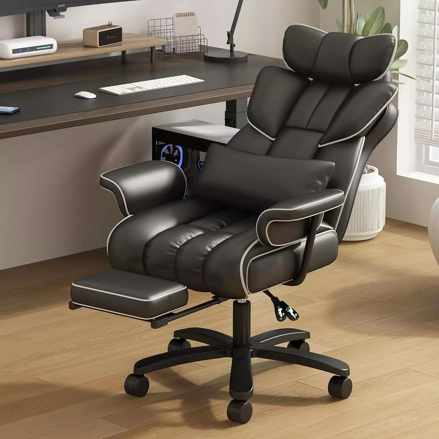 Reclining Office Chair Footrest Executive Big and Tall Chair Lumbar Support and Wide Seat FJU