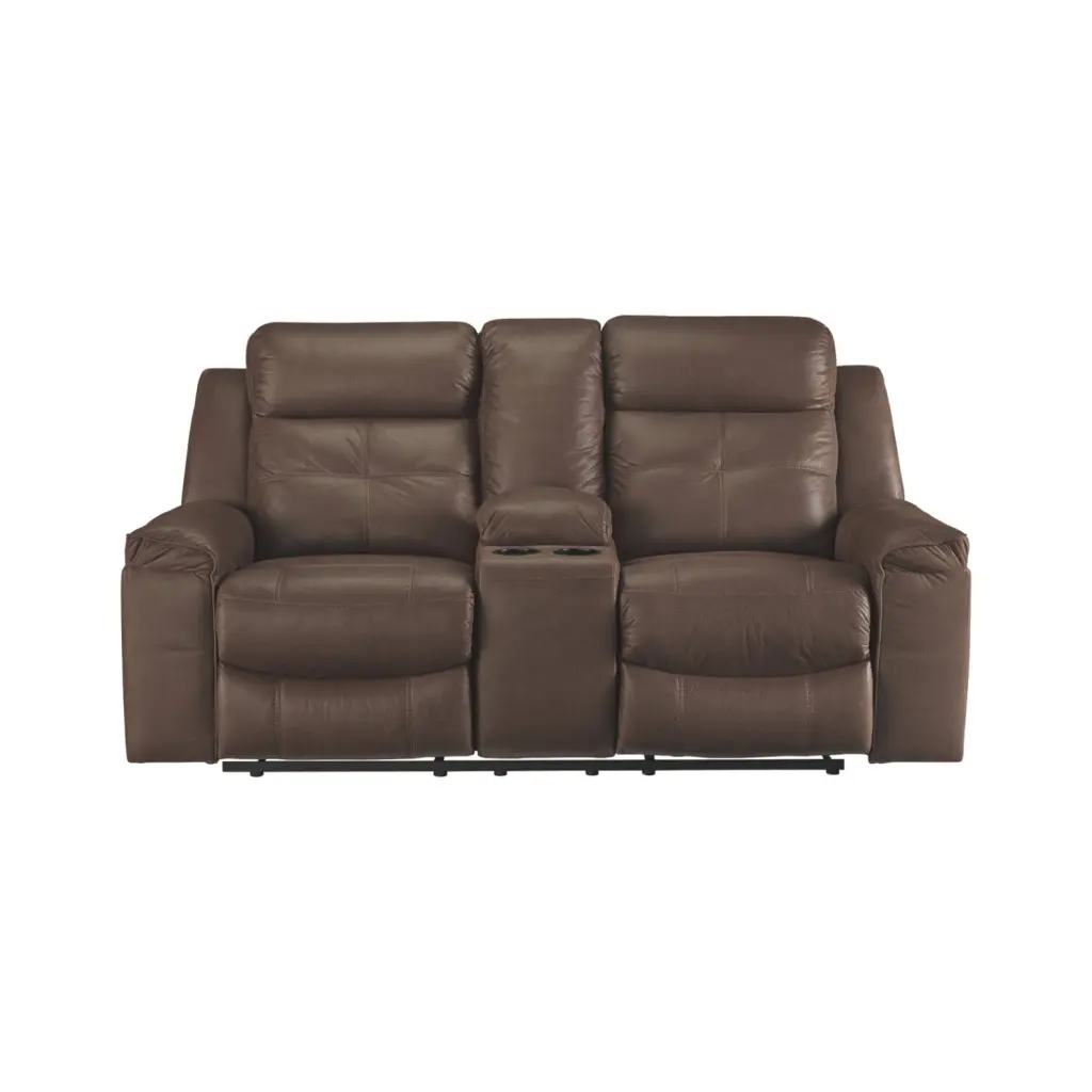Benjara Polyester Upholstered Metal Reclining Loveseat Storage Console Brown
