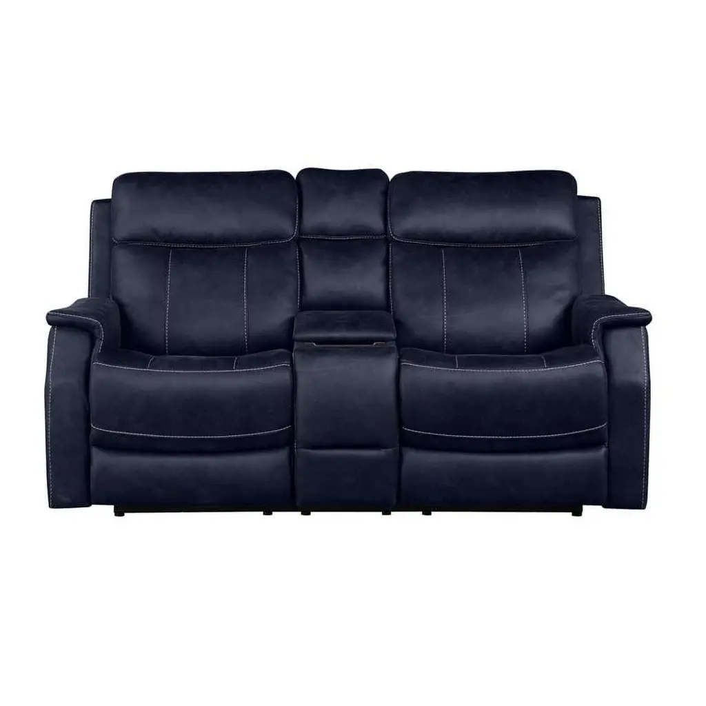 Bowery Hill Ocean Blue Faux Leather Dual Power Reclining Console Loveseat - Luxury