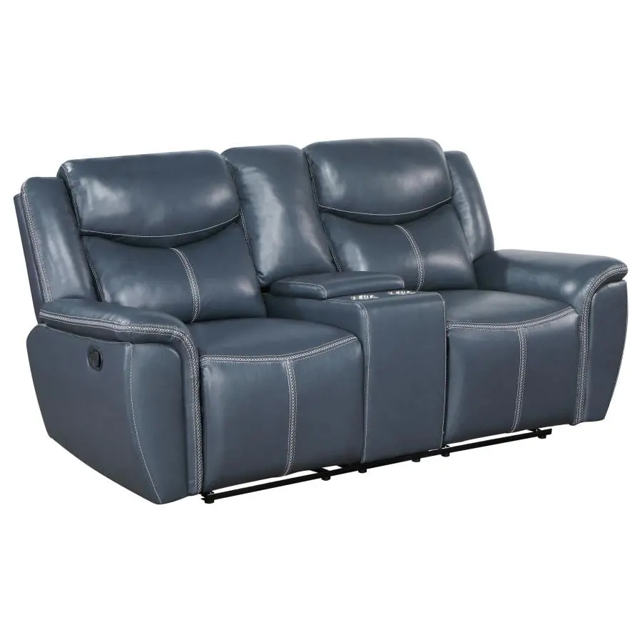Sloane Upholstered Motion Reclining Loveseat Console Blue Coaster Company