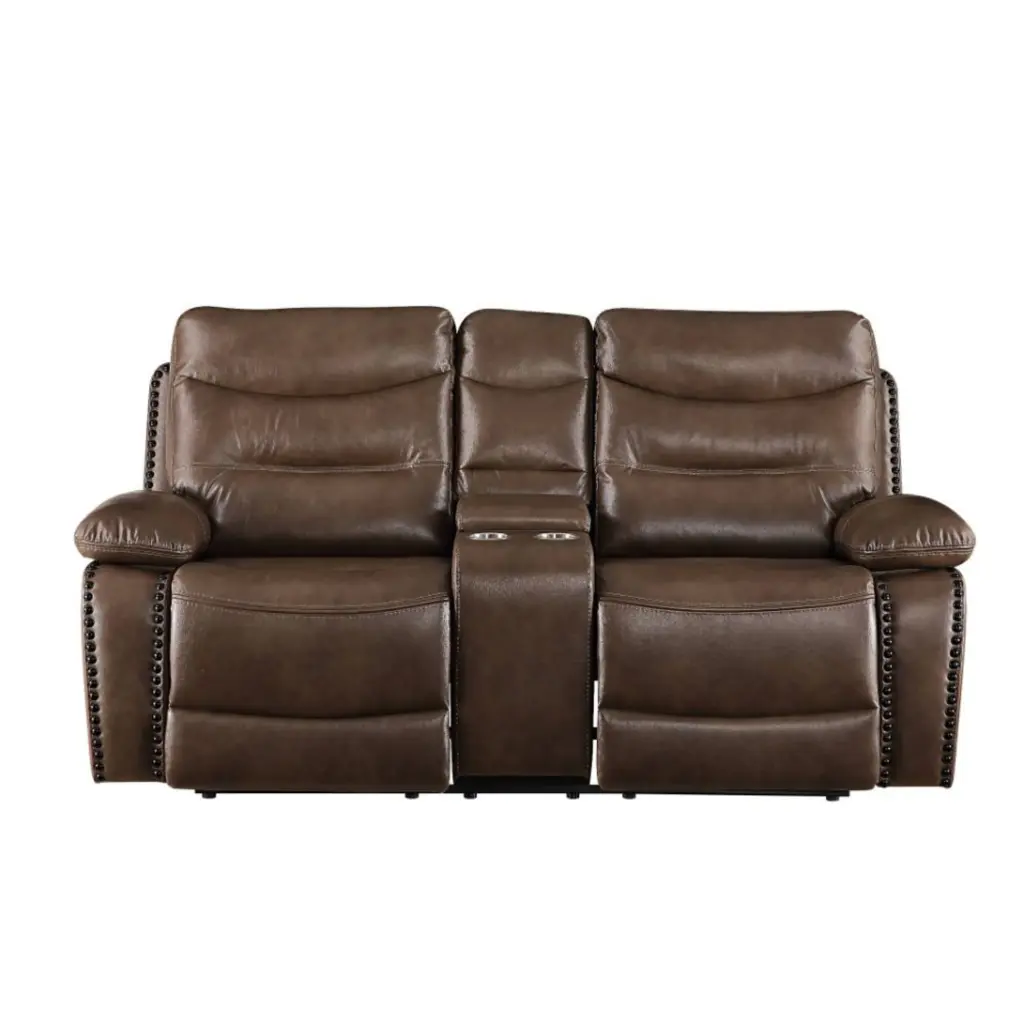 Ergode Loveseat Console Brown Leather-Gel Match - Motion Two-Seater Recliner Sofa