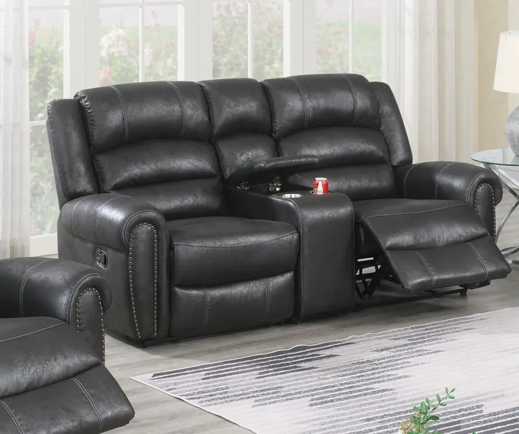 Beautiful Power Motion Reclining Loveseat Console Plush Cushion Seats Black Leatherette Esofastore