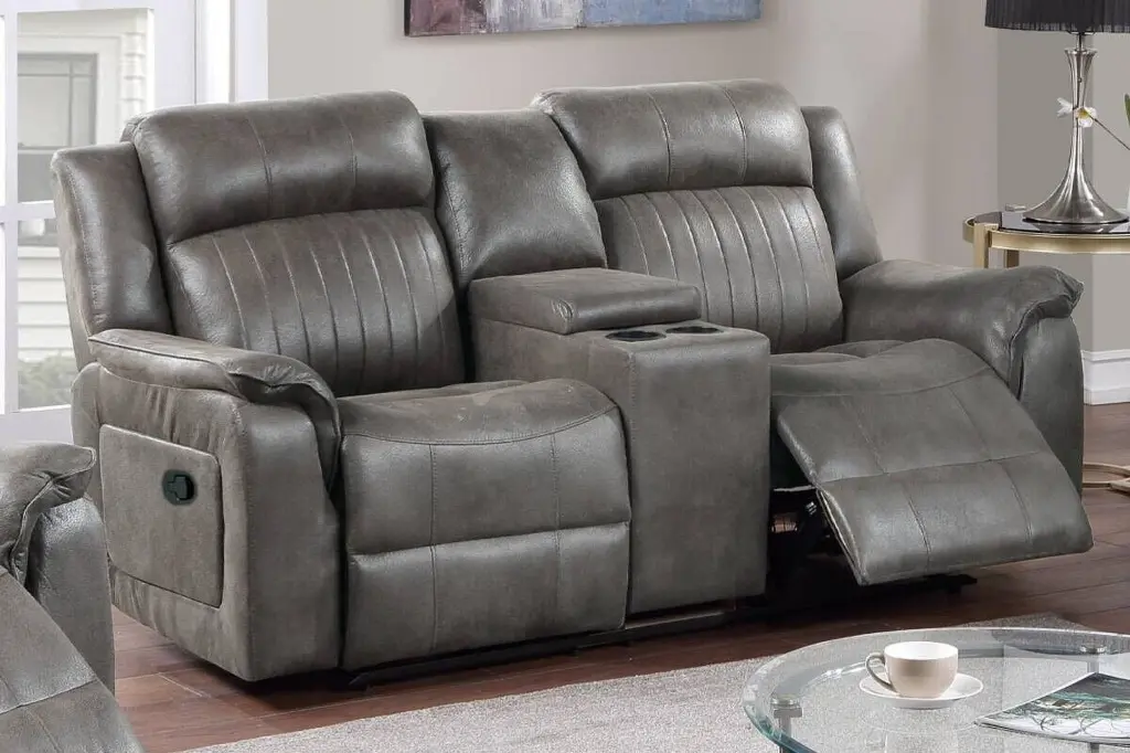 Transitional Slate Blue Leatherette Motion Loveseat Console Recliner Living Room Esofastore