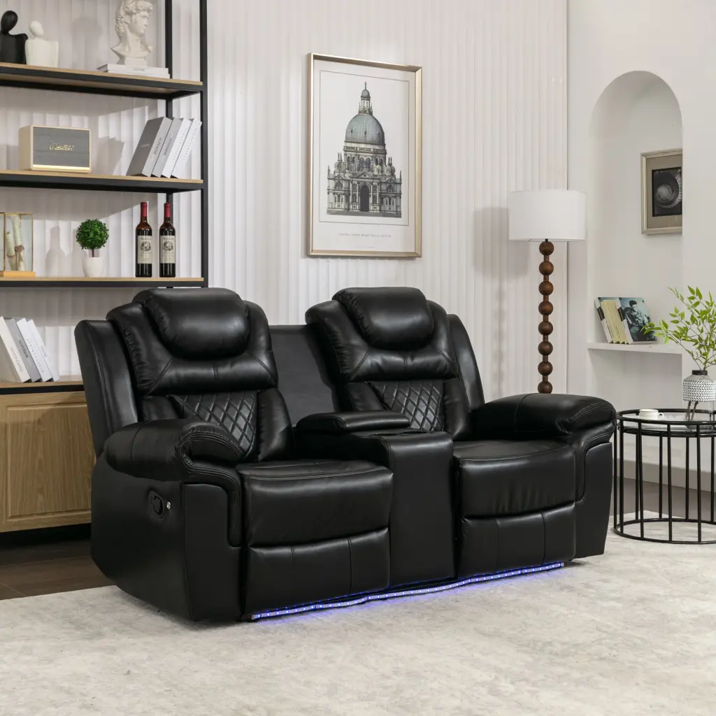 Milo Manual Recliner Loveseat LED Light Strip Black Modern Living Go Green Woods