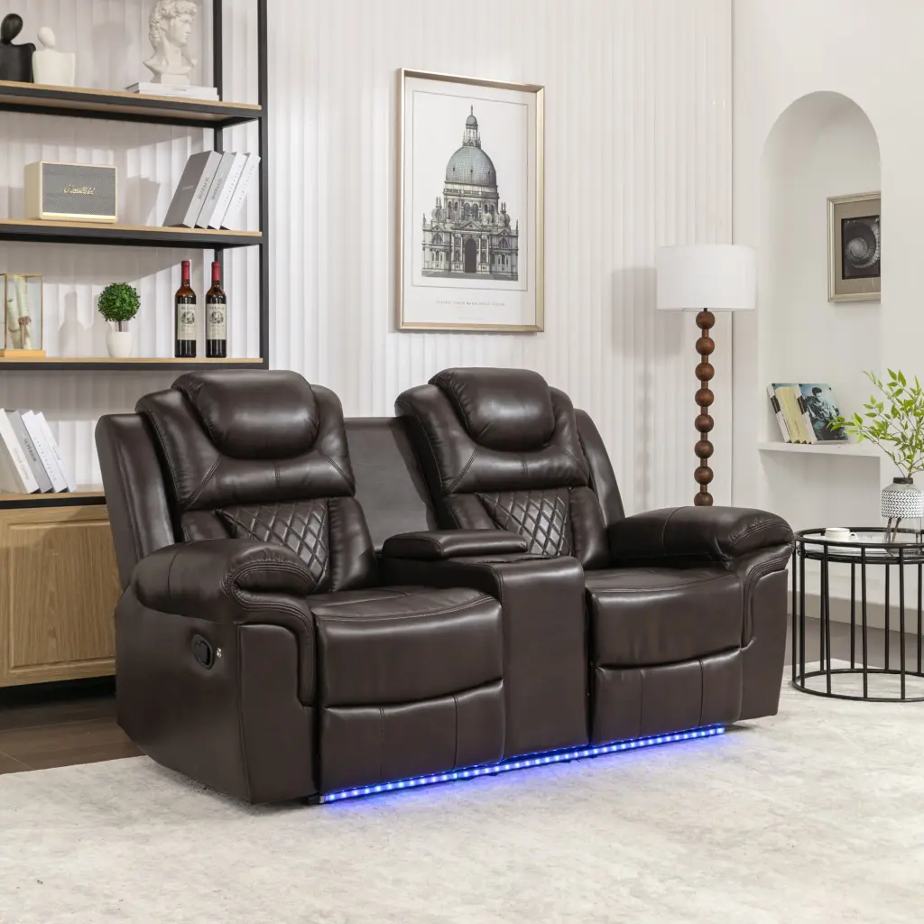 Milo Manual Recliner Loveseat LED Light Strip Brown Cozy Spaces Go Green Woods