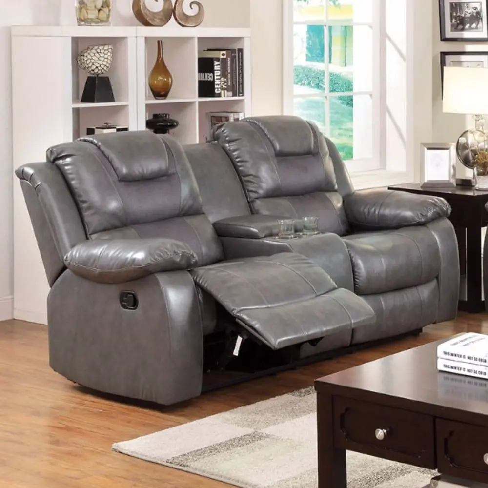 Leatherette Loveseat Console 2 Recliner Gray HomeRoots