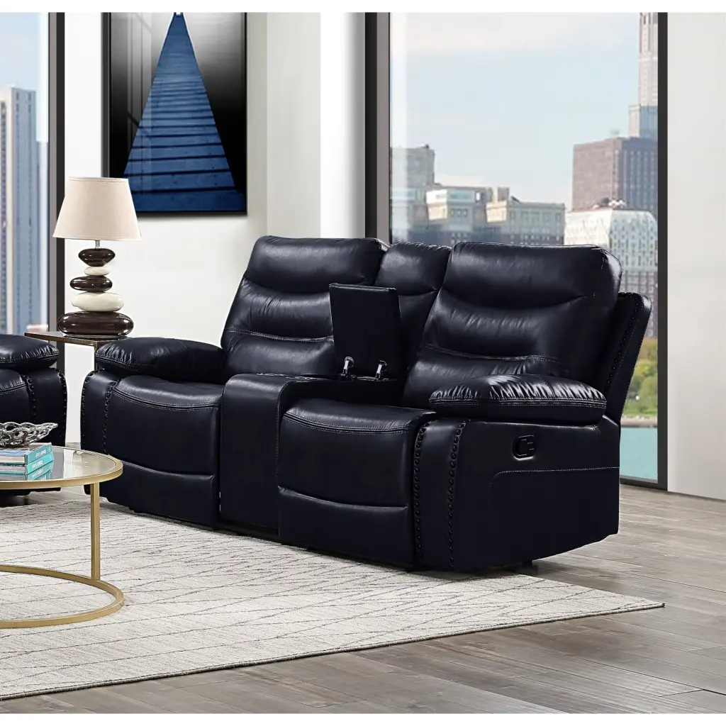 Miekor Furniture Aashi Loveseat w Console Motion Navy Leather-Gel Match
