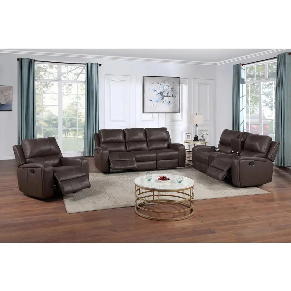 New Classic Furniture Linton Leather Console Loveseat Dual Recliners Brown