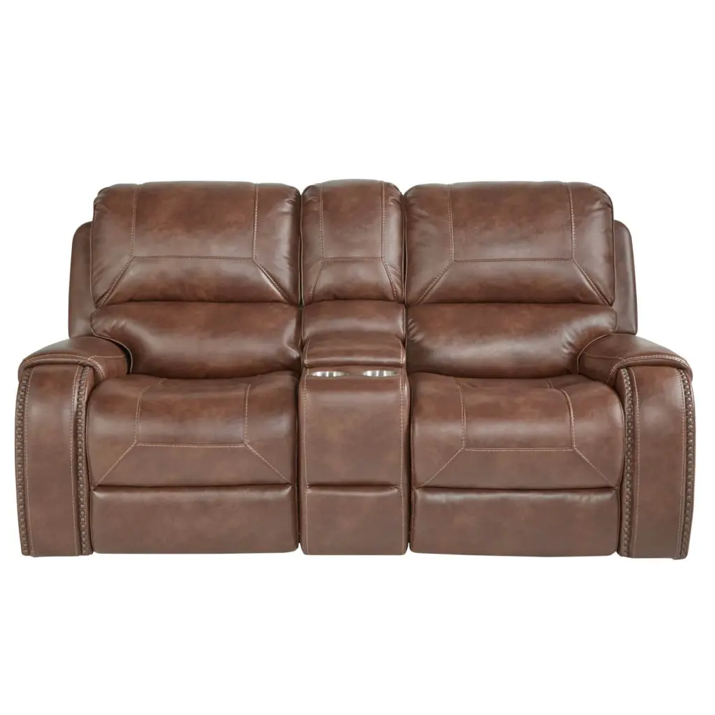 Roundhill Furniture Achern Brown Leather Nailhead Manual Reclining Loveseat Storage Console - Classic Sofa