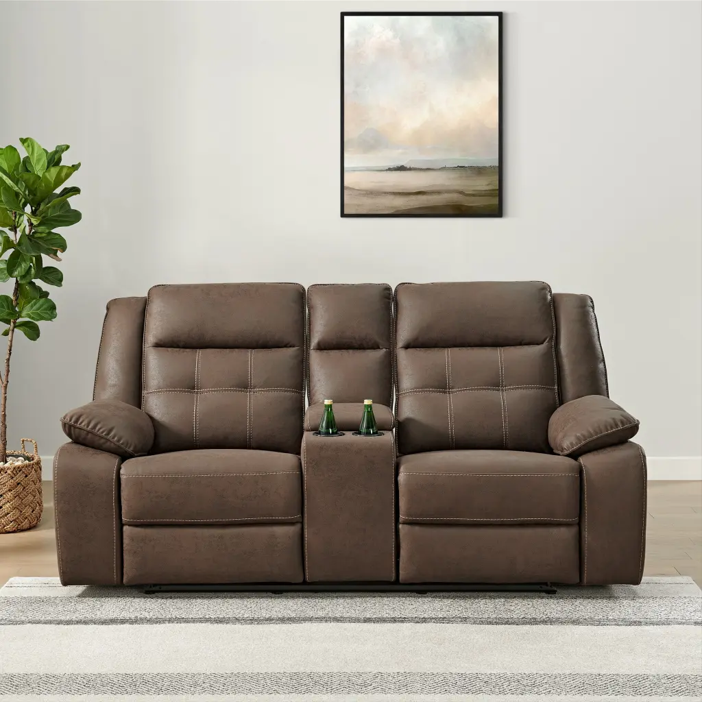 Roundhill Furniture Lesley Transitional Manual Reclining Loveseat Cup Holders Brown