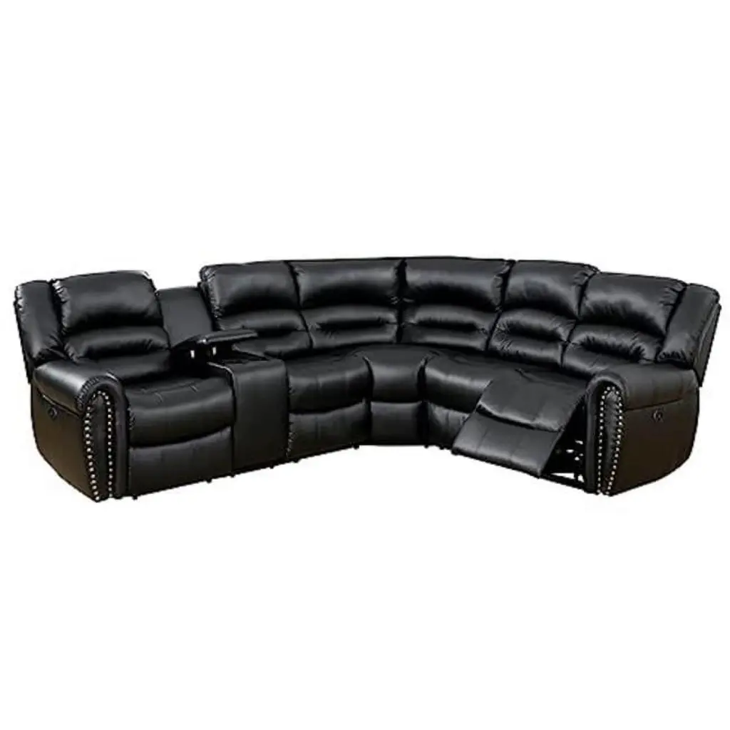 Benjara Qox Power Reclining Sectional Sofa Set USB Port Black Bonded Leather