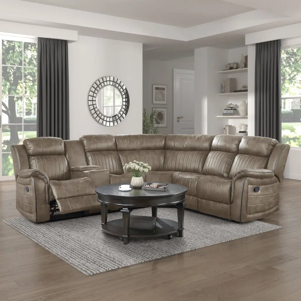 3-Piece Reclining Sectional Sofa Couch Console Solid Wood Modern Luxury Brown Living Room Furniture Esofastore
