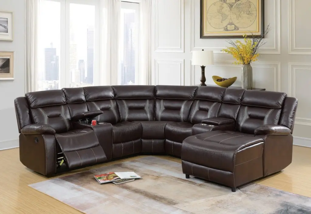 Contemporary Brown Gel Leatherette Sectional Sofa Reclining Couch Console and Cup Holder 5-Piece Set Esofastore