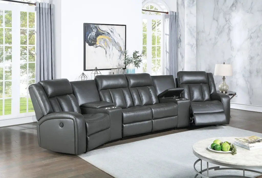Home Theater Sectional Manual Reclining Couch Consoles and Recliner Chairs Gray Gel Leatherette Esofastore