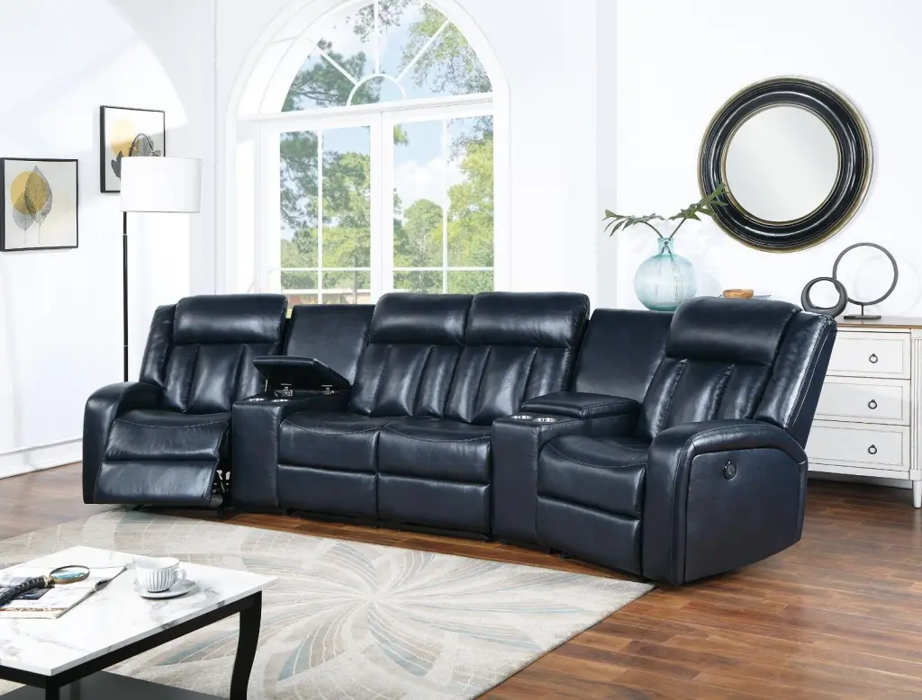 Home Theater Sectional Manual Reclining Couch Consoles Recliner Chairs Loveseat Navy Blue Gel Leatherette Esofastore