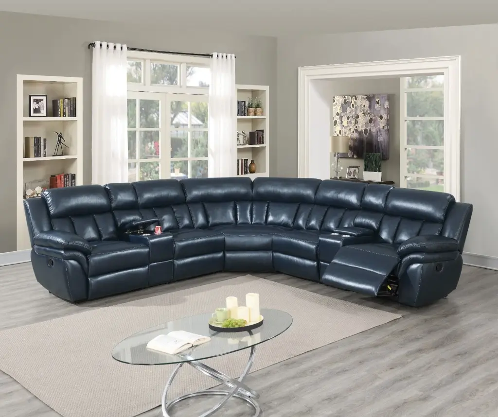 Luxurious Navy Blue Leather Gel Manual Motion Sectional Sofa USB Console Esofastore