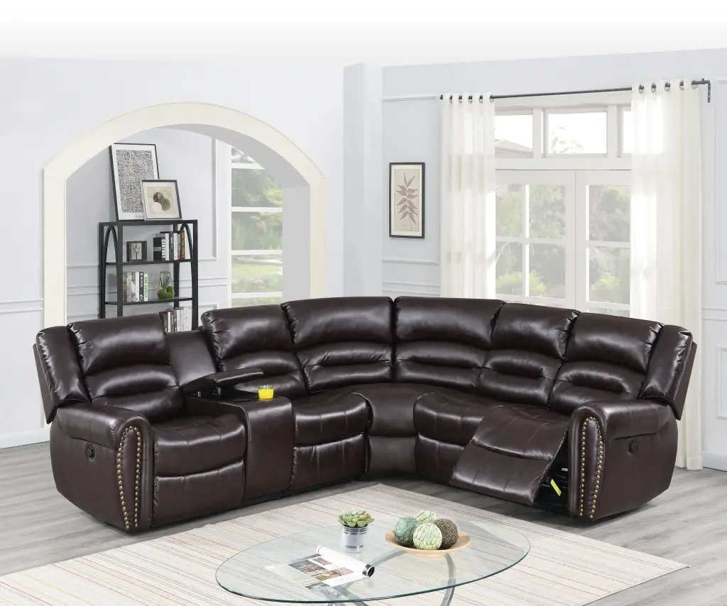 Modern Reclining Motion Home Theater Sectional Console Living Room Movie Family Bonded Leather Brown Esofastore