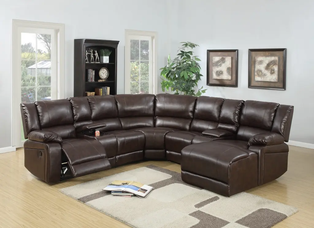 Motion Sectional Sofa Chaise Console Brown Bonded Leather - Wedge Cushion Couch Living Room Esofastore