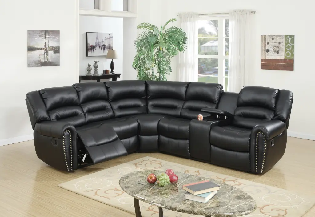 Reclining Motion Home Theater Sectional Console Living Room Movie Family Bonded Leather Black Esofastore