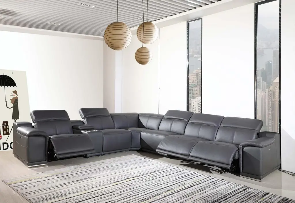GRAY Italian Genuine Leather 3PWR Reclining Sectional Sofa UR9762 Global United