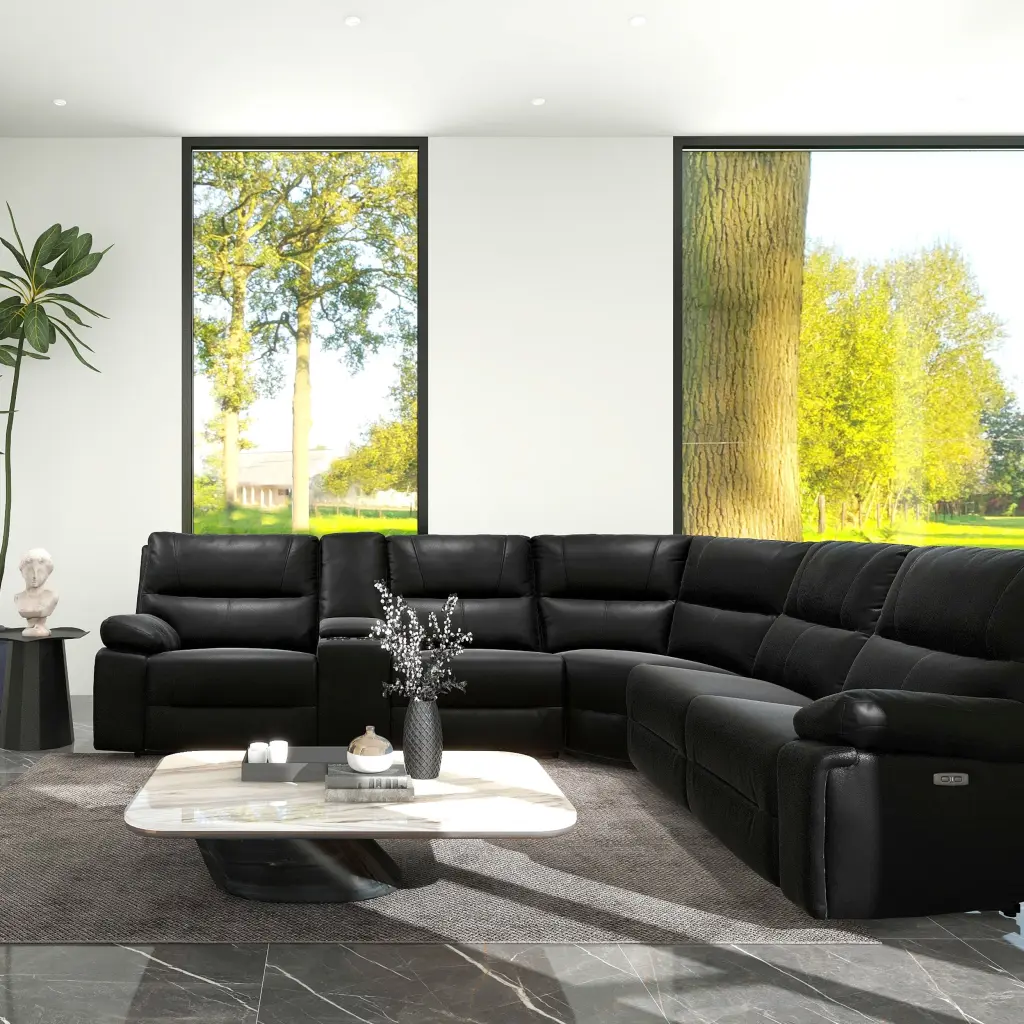 Jennifer Taylor Home Malibu 130 Modern Power Motion 6 Piece Reclining Corner Sectional Cup Holders Coal Black Top Grain Le...