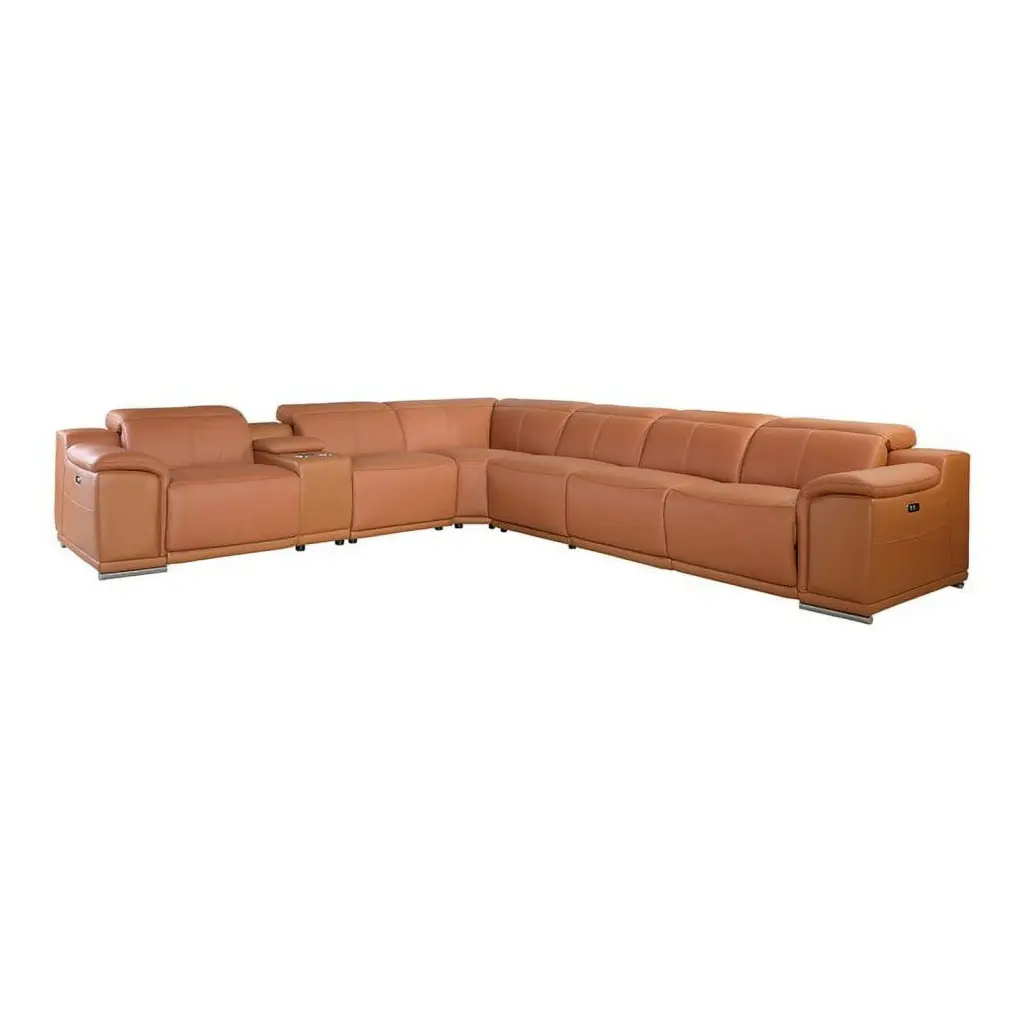 Pemberly Row 7 Piece 1 Console 3 Power Reclining Leather Sectional Brown