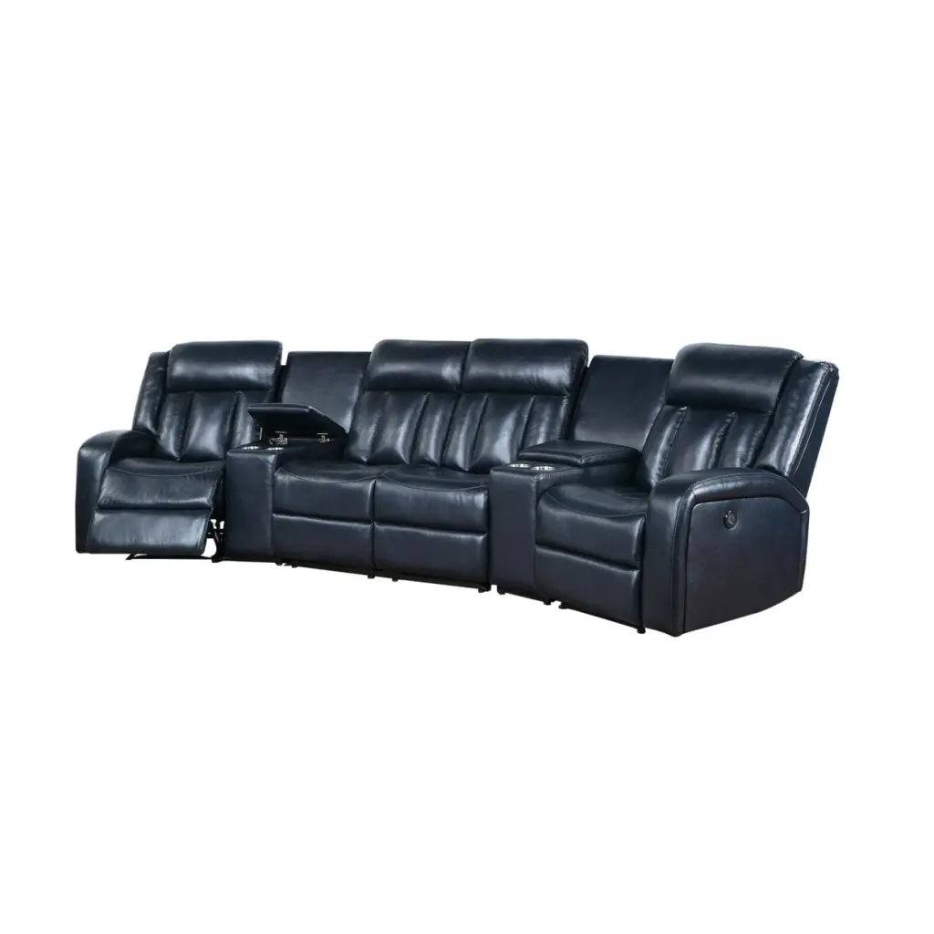 Max 5 Piece Manual Recliner Sectional Set Vegan Faux Leather Navy Blue - Saltoro Sherpi