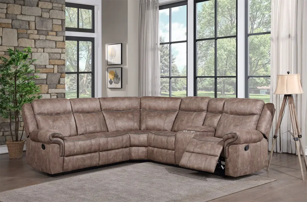 Manual Reclining Sectional Sofa Cup Holders USB Ports and Console Storage Brown Velvet ARCTICSCORPION