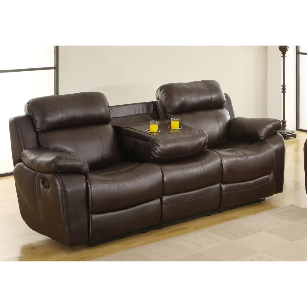 Leather Reclining Three Seater Sofa Center Drop Down Cup Holder Brown Benzara