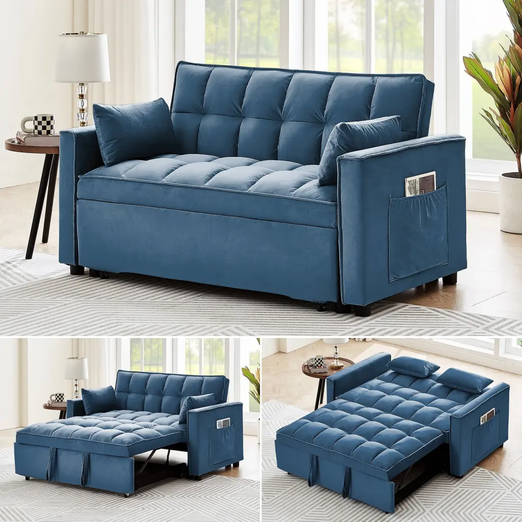 Reclining Sofa Pullout Bed Peacock Blue Velvet HOMXIAOWO