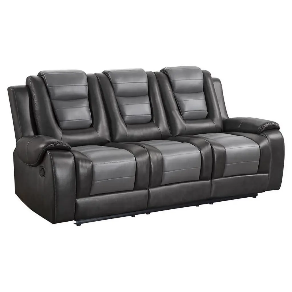 Lexicon Briscoe Gray Faux Leather Double Reclining Sofa Cup Holder