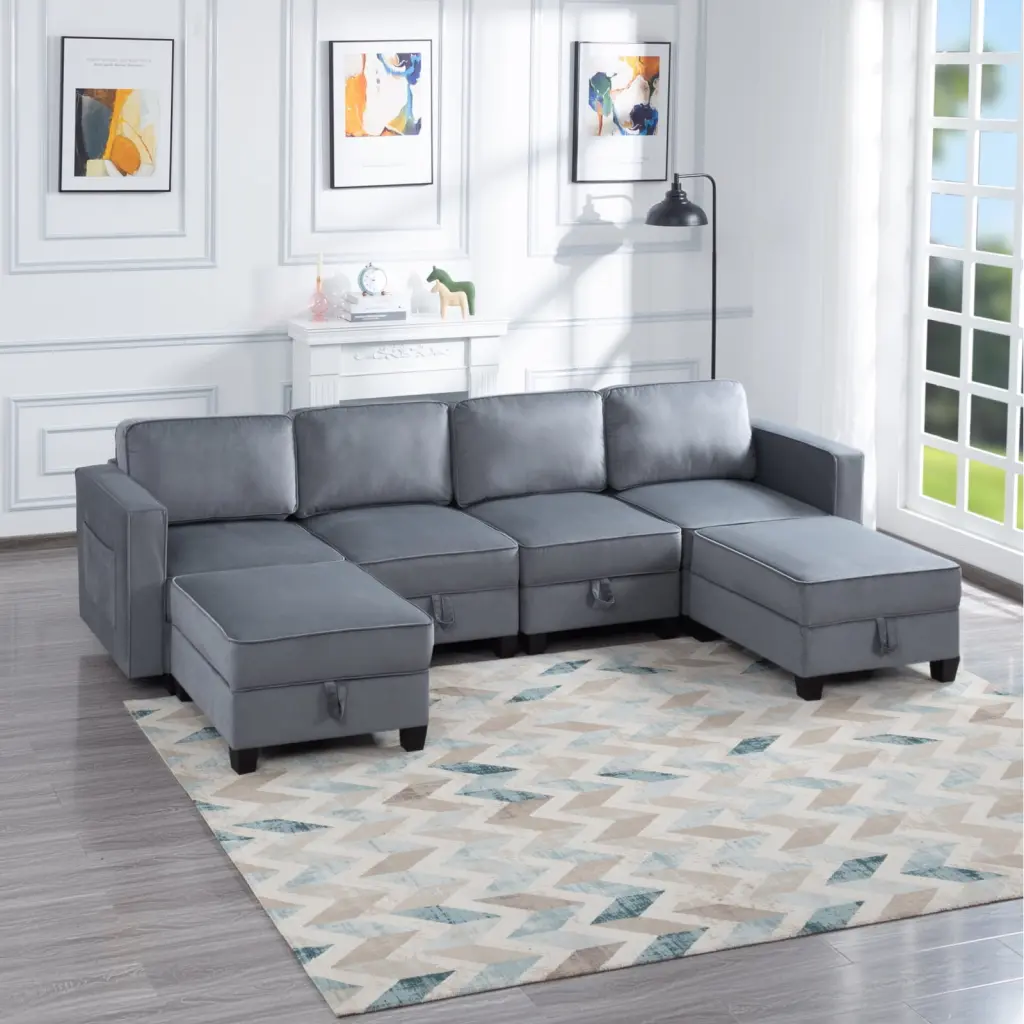 Elegant 116 Square Arm Sectional Sofa Dark Gray Velvet Upholstery Hidden Storage and Reclining Backs Ponnky