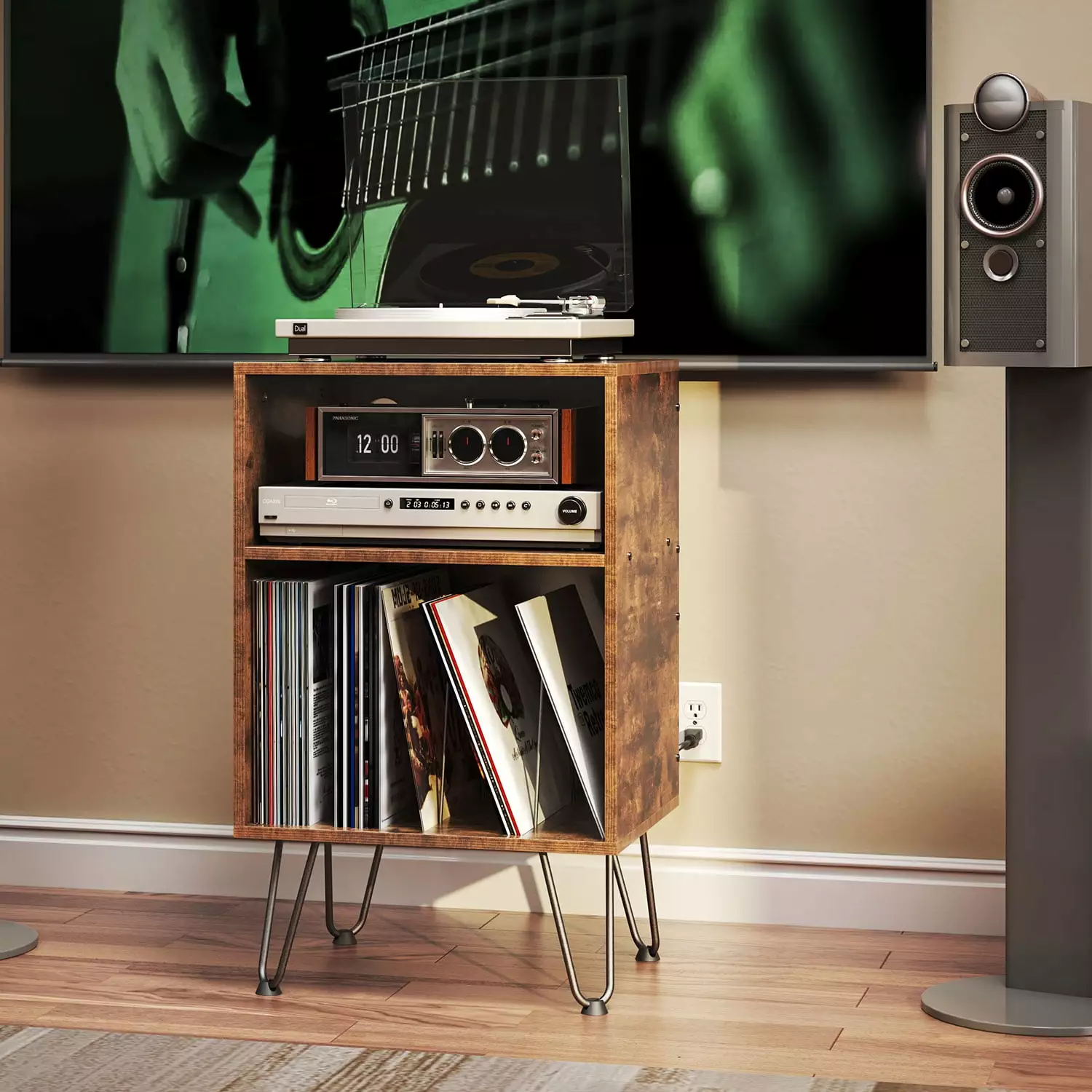 TC-HOMENY Record Player Stand Charging Station USB Ports Vinyl Storage Cabinet