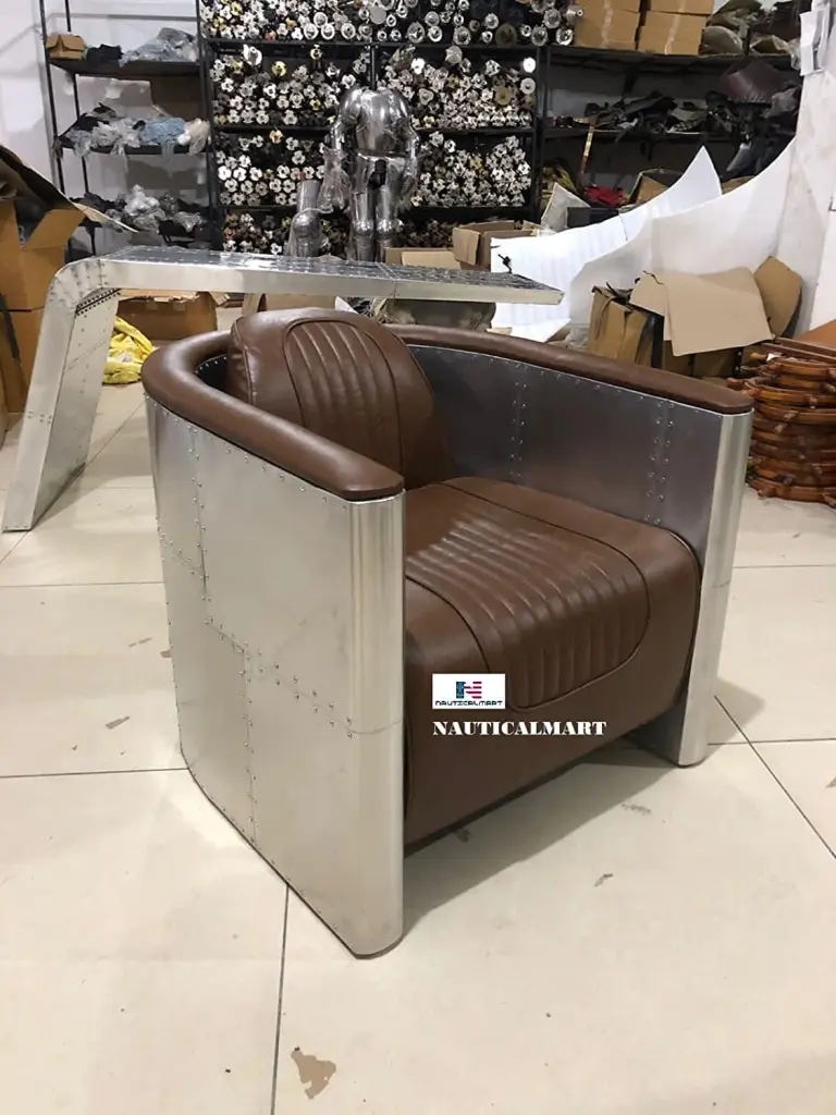 Furniture AC Retro Brown TG Leather & Aluminum Sofa Modern Living Room Nauticalmart