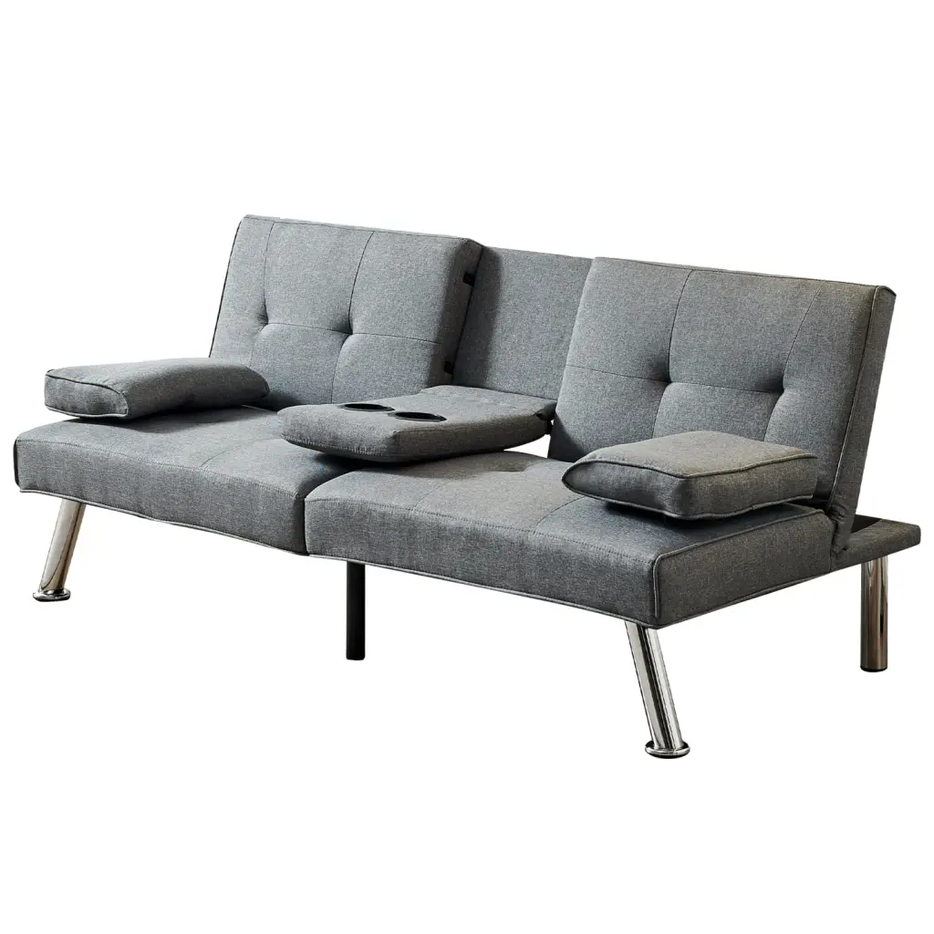 Miekor Furniture Linen Fabric Modern Sofa Bed Futon Couch 2 Cup Holders 3 Angles and Removable Armrests Gray
